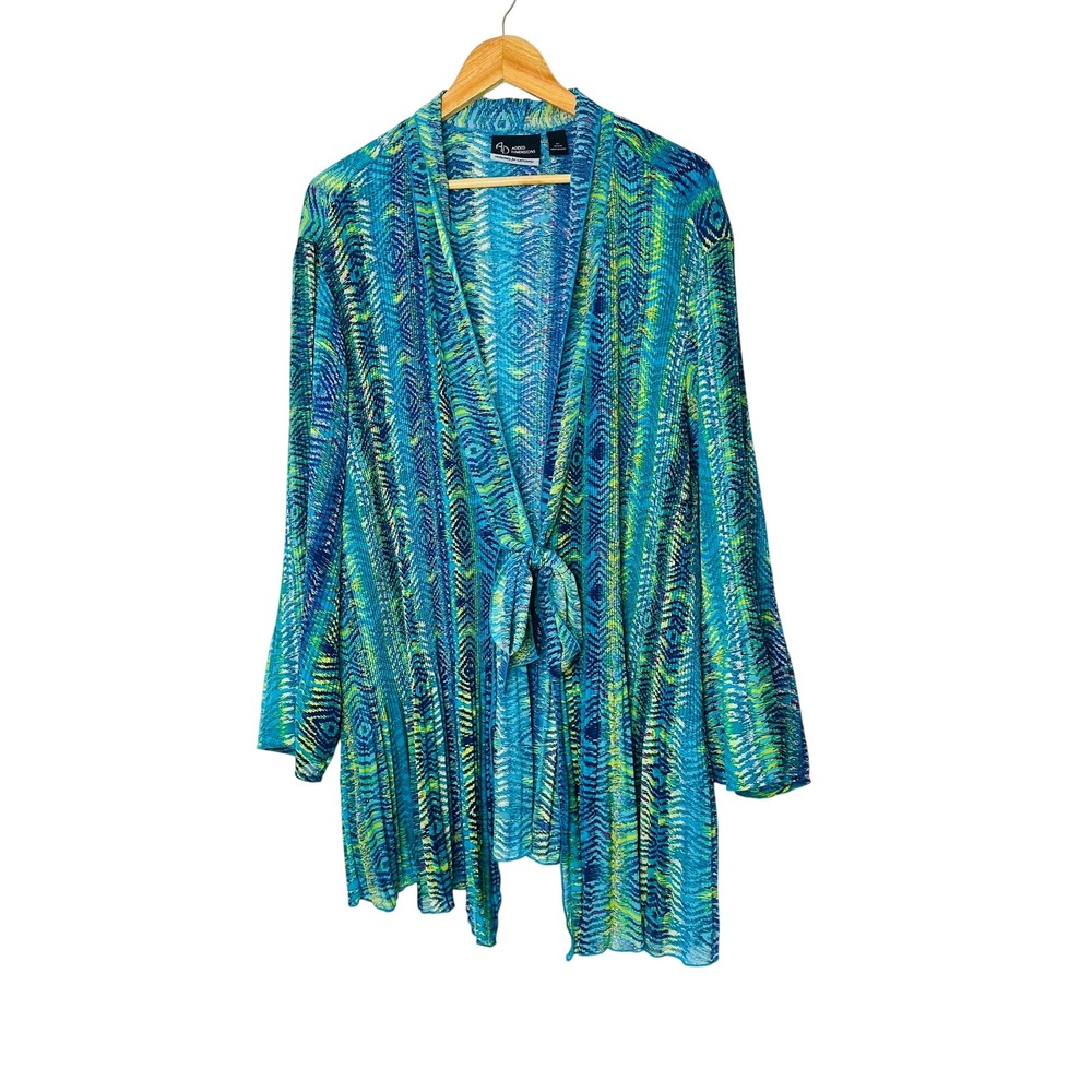 Catherines Cardigan Womens 4X Blue Abstract Tie Front Plisse Top micro pleats